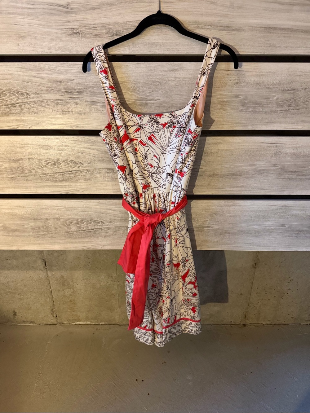 Floral Scoop Neck Dress with Red Sash